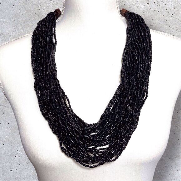 Multi Strand Black Seed Bead Statement Necklace 40 Strands Boho - Picture 1 of 3